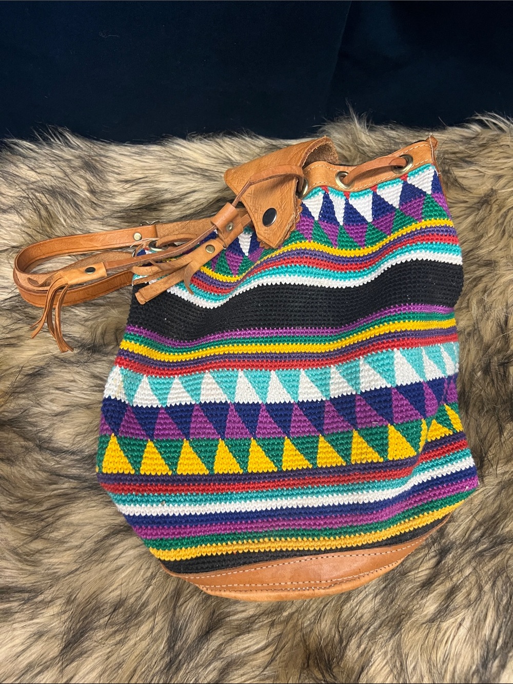 Colorful Geometric Crochet Bucket Bag with Tan Leather Trim